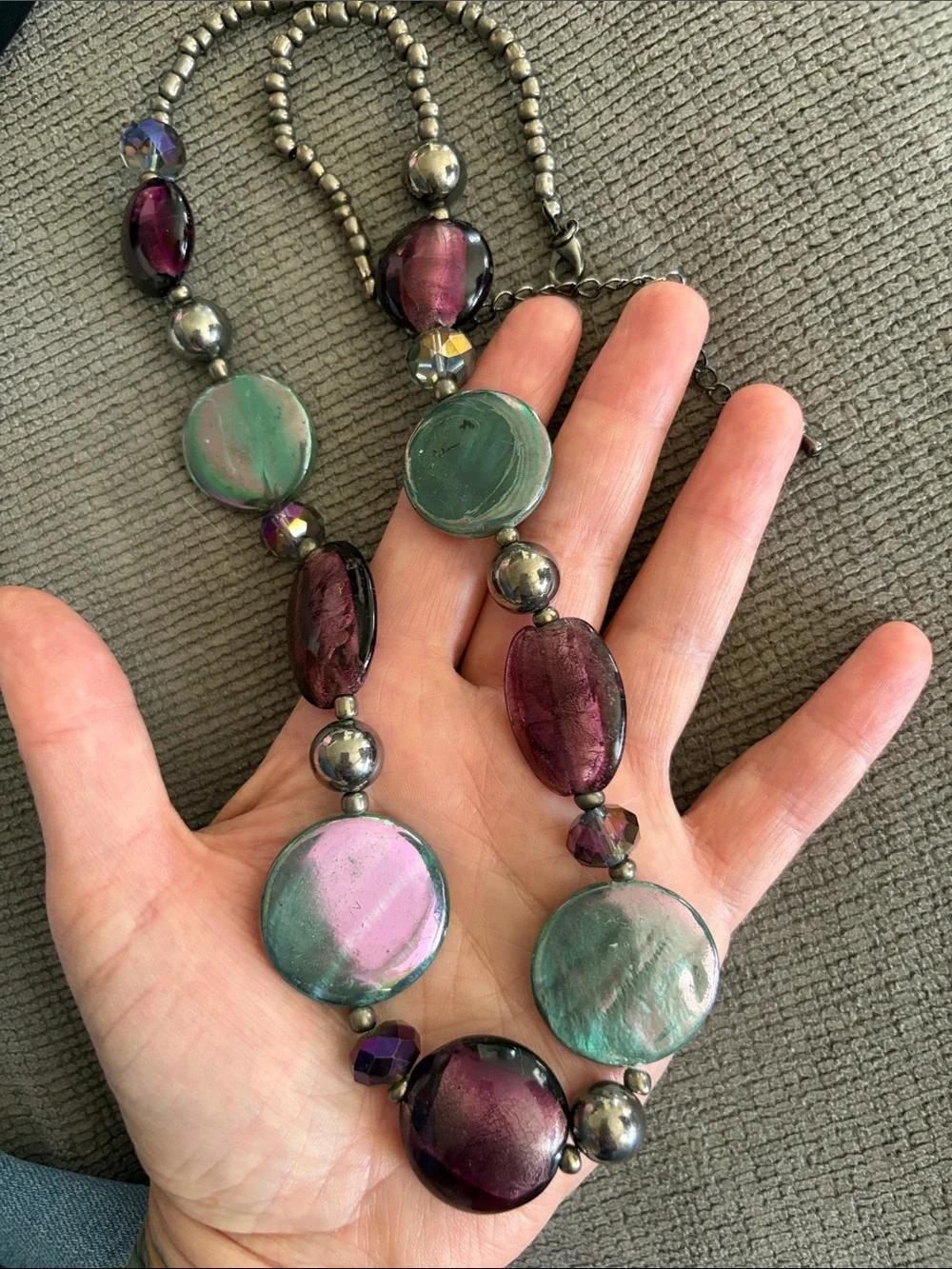 Handmade Iridescent Purple and Green Glass Disc Necklace